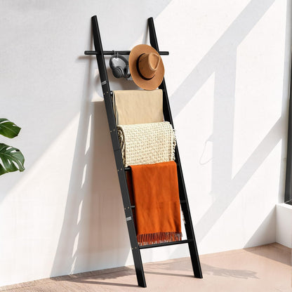 Farmhouse Wooden Blanket Ladder with Removable Hooks, 6-Tier Rustic Blanket Rack Decorative Stand, Leaning Towel Quilt Rack Holder for Bathroom Living Room Decor Brown