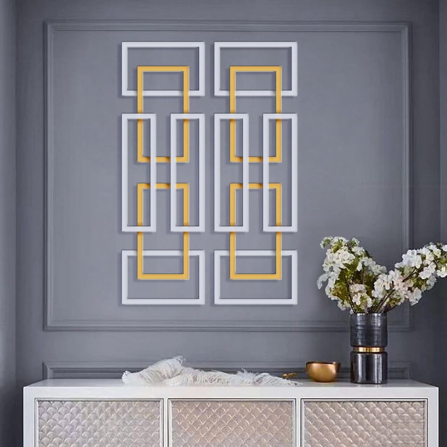 homary Large Metal Wall Art – 47.2" Modern 3D Abstract Geometric Overlapping Design, Iron Wall Decor for Living Room, Dining Room, Office