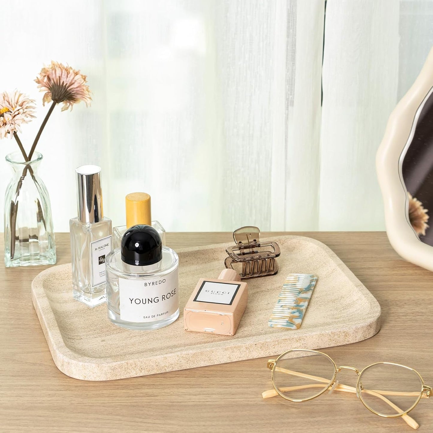 Marble Vanity Tray for Dresser Organizer, Travertine Bathroom Tray Countertop, Beige Decorative Serving Trays, Kitchen Sink Storage, Jewelry & Perfume Holder(Travertino Romano)