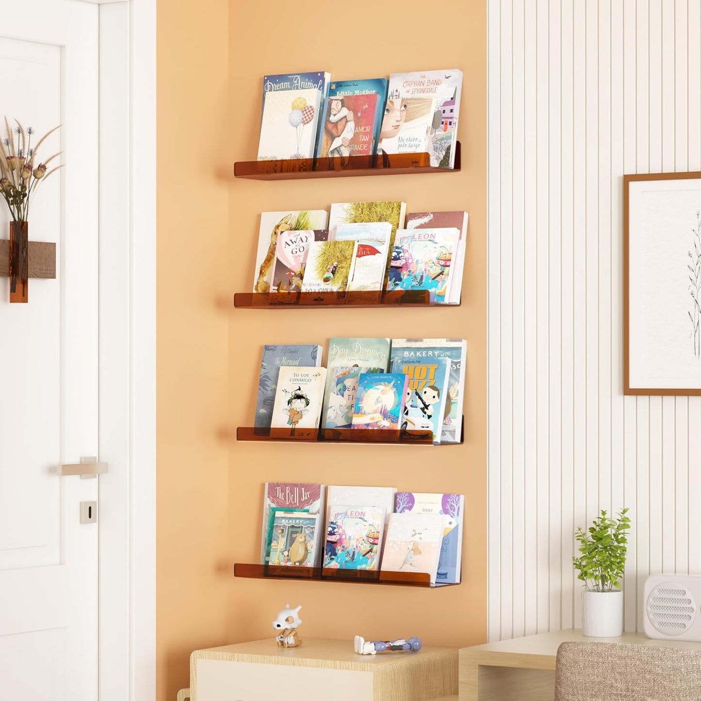 upsimples Acrylic Shelves for Bathroom Storage, 15" Floating Shelves Wall Organizer for Perfume, Make up, Skincare, Kids Bookshelf for Bedroom, Nursery, Living Room Decor, Clear, 4 Pack