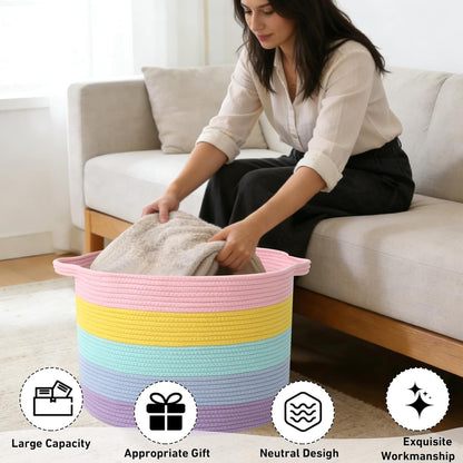Large Woven Blanket Basket,65L Cotton Rope Laundry Basket Hamper with Handles, Decorative Nursery Basket Storage Bin for Toys, Clothes Organizer, Living Room, Bedroom, Bathroom, White & Brown