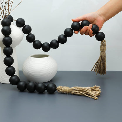 Farmhouse Decor Large Wood Bead Garland 50inch long with 1.6" Diameter beads, Natural Wooden Beads Decor with Tassels Decorative Boho Country Decoration for Coffee Table Home Tiered Tray Wall Hanging
