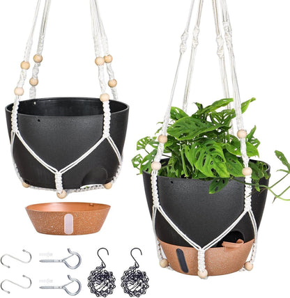 10 Inch Hanging Planters for Indoor Plants, 2 Pack Self Watering Hanging Baskets Flower Pots with Drainage Hole, Visual Reservoir & 2 Kinds of Plant Hanger for Outdoor Garden Home Decor (White)