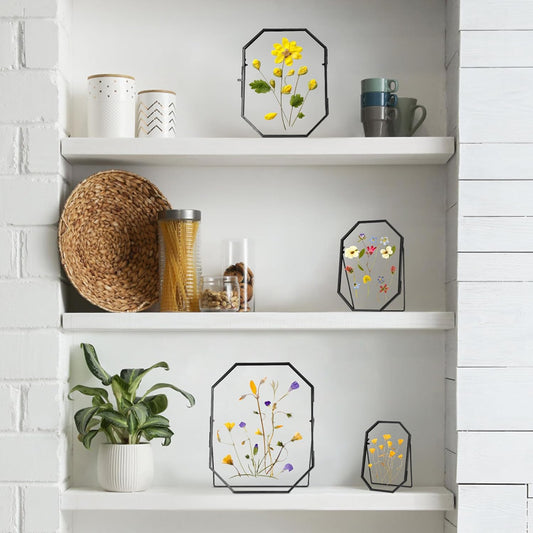 REDHUGO Glass Pressed Flower Frame Handmade, Metal Floating Picture Frame, Double Glass for Tabletop Display, Unique Brass Octagon, Gold, 5x7 Inches (Frame Only)