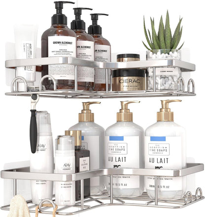 Sakugi Corner Shower Caddy - 2 Pack, Adhesive Shower Organizers, Rustproof Stainless Steel Shower Shelves with 8 Hooks, No Drilling Bathroom Organizers and Storage Racks, Space-Saving, Black, Medium