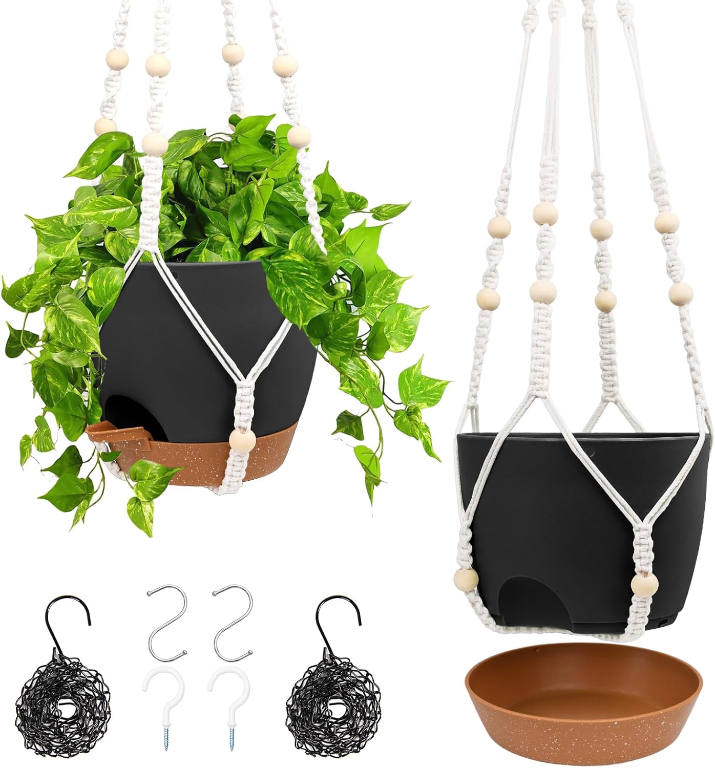 Vanslogreen Hanging Planters for Indoor Outdoor Plants, 2 Pack Self Watering Hanging Pot with Drainage Holes & Removable Tray (Black, 8'')