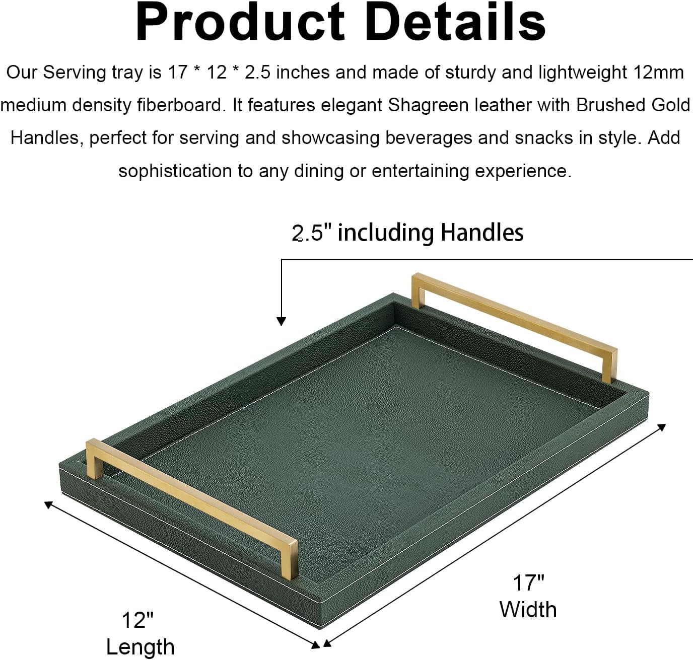 XIGEXIGE Ivory Shagreen Decorative Tray Large Rectangle Coffee Table Tray for Ottoman Faux Leather Serving Tray with Brushed Gold Handles