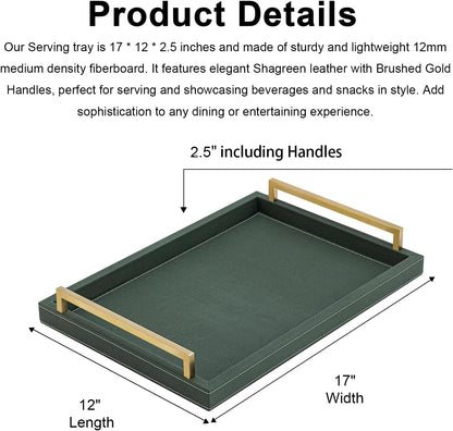 XIGEXIGE Ivory Shagreen Decorative Tray Large Rectangle Coffee Table Tray for Ottoman Faux Leather Serving Tray with Brushed Gold Handles