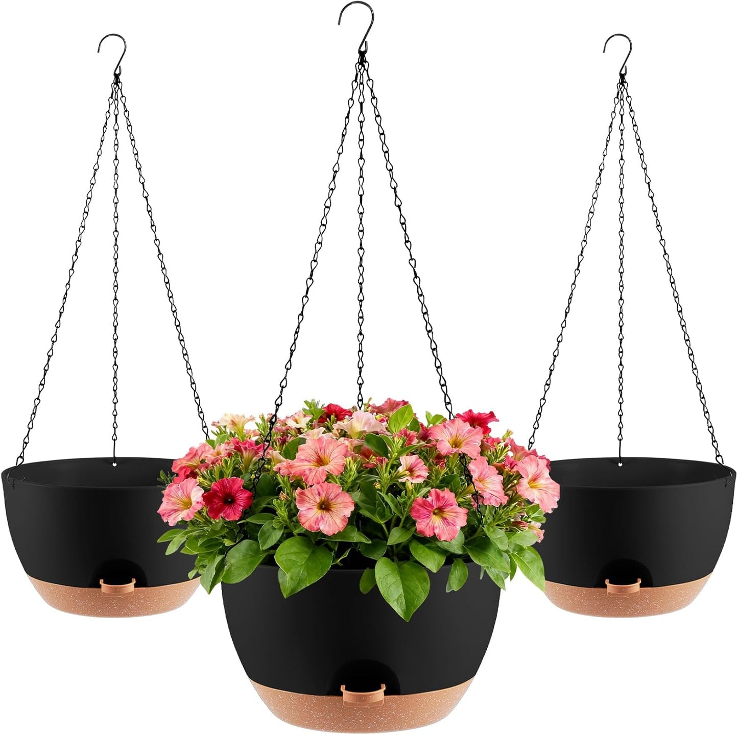 3-Piece Set of 10-Inch Hanging Planters with Automatic Watering System and Drip Tray, Includes Metal Chain, Suitable for Various Indoor and Outdoor Plants and Flowers, Green Brown