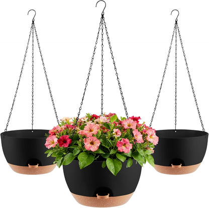 3-Piece Set of 10-Inch Hanging Planters with Automatic Watering System and Drip Tray, Includes Metal Chain, Suitable for Various Indoor and Outdoor Plants and Flowers, Green Brown