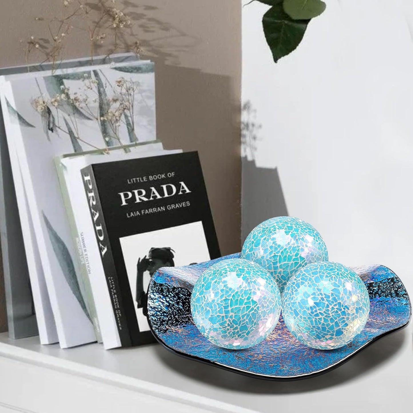 3Pcs Mosaic Glass Orbs Decorative Balls Set 8.5cm/3.35inch Blue Sphere Wedding Party Home Decor Table Centerpiece