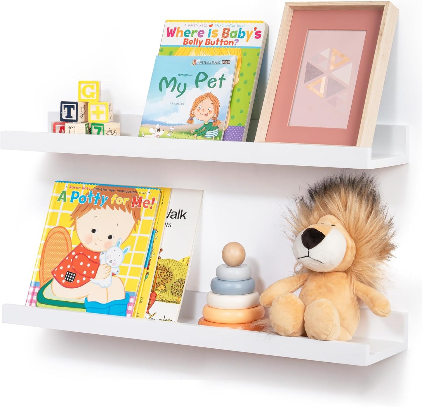 FLYJOE Picture Ledge Shelf, Floating Shelves Set of 2, Solid Pine Wood 55'' Long Large Nursery Book Shelves for Toys Storage, Kids Bookshelf for Living Room Bedroom Decor Books Photo Frames, Walnut