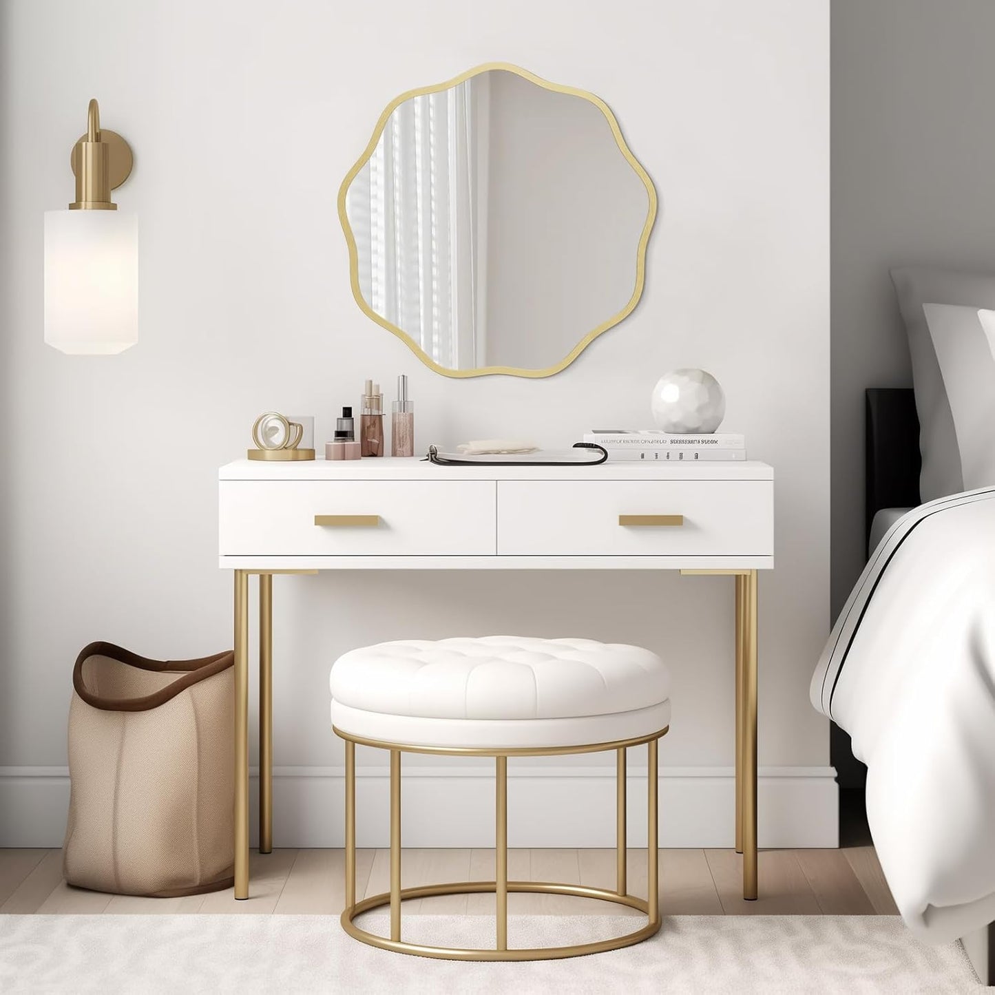WallBeyond Round Wavy Mirror for Wall Decorative 24 inch, Modern Round Mirror Aluminum Frame for Bathroom Bedroom Living Room Home House Office Entryway, Gold