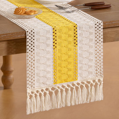 Socomi Boho Table Runner Summer Farmhouse Rustic Dining Kitchen Centerpiece Decor Small Macrame Woven Cotton Linen Coffee Table Runner for Dresser Scarf Home Decor 12x36 inch Beige