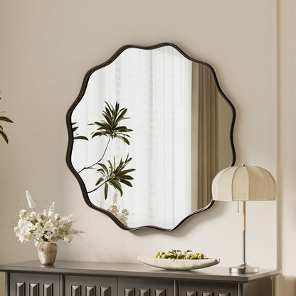 VooBang Black Scalloped Large Circle Mirror, 42" Wavy Edge Round Wall Mirror with Tempered Glass Textured Circular Metal Deep Frame, Hanging Leaning for Bathroom, Hallway, Entryway, Livng Room