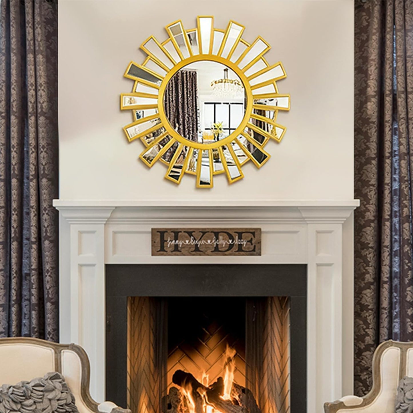 Gold Sunburst Mirror, 26" Sun Mirror Wall Decor with Beveled Glass Frame, Starburst Mirrors for Entryway, Dining Room, Living Room