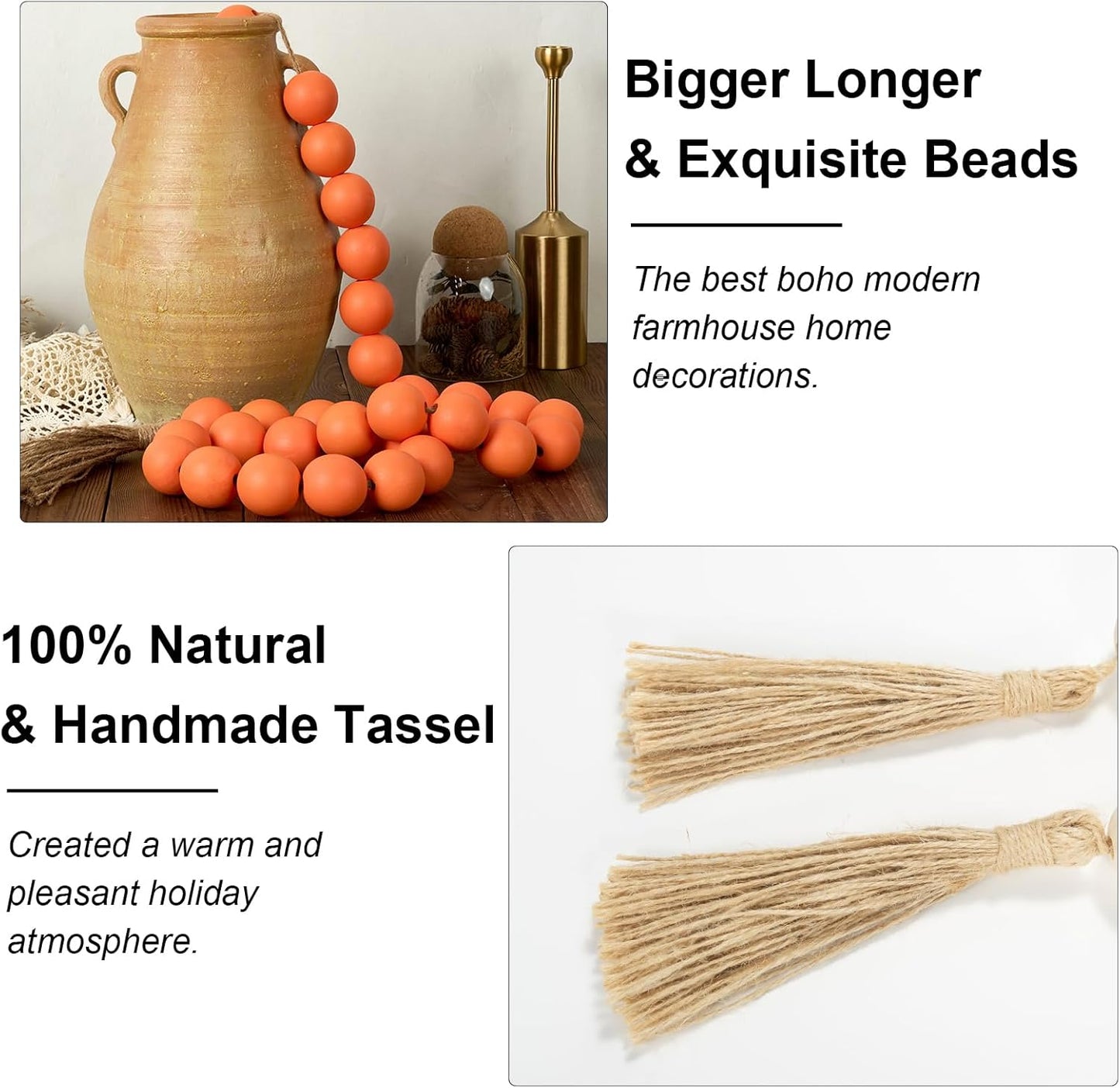 OMISHE Extra Large Wood Bead Garland with 1.6" Diameter Wooden Beads and Tassels, 41" Long Rustic Farmhouse Country Decorative Beads for Home Tiered Tray Decor, Natural Beige