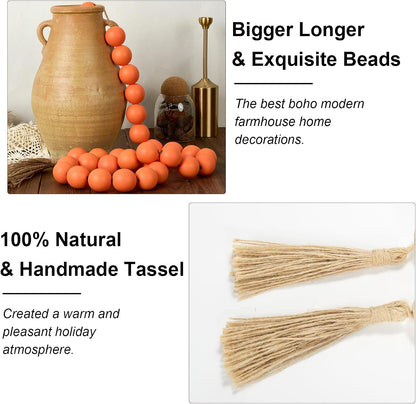 OMISHE Extra Large Wood Bead Garland with 1.6" Diameter Wooden Beads and Tassels, 41" Long Rustic Farmhouse Country Decorative Beads for Home Tiered Tray Decor, Natural Beige
