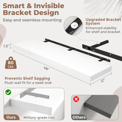 72 Inch Long Floating Shelves for Wall Set of 2, 12"D Wood Grain Bathroom Shelves with Invisible Brackets, Easy Install Engineered Wood Storage Shelves for Kitchen, Living Room, Bedroom, Black Finish