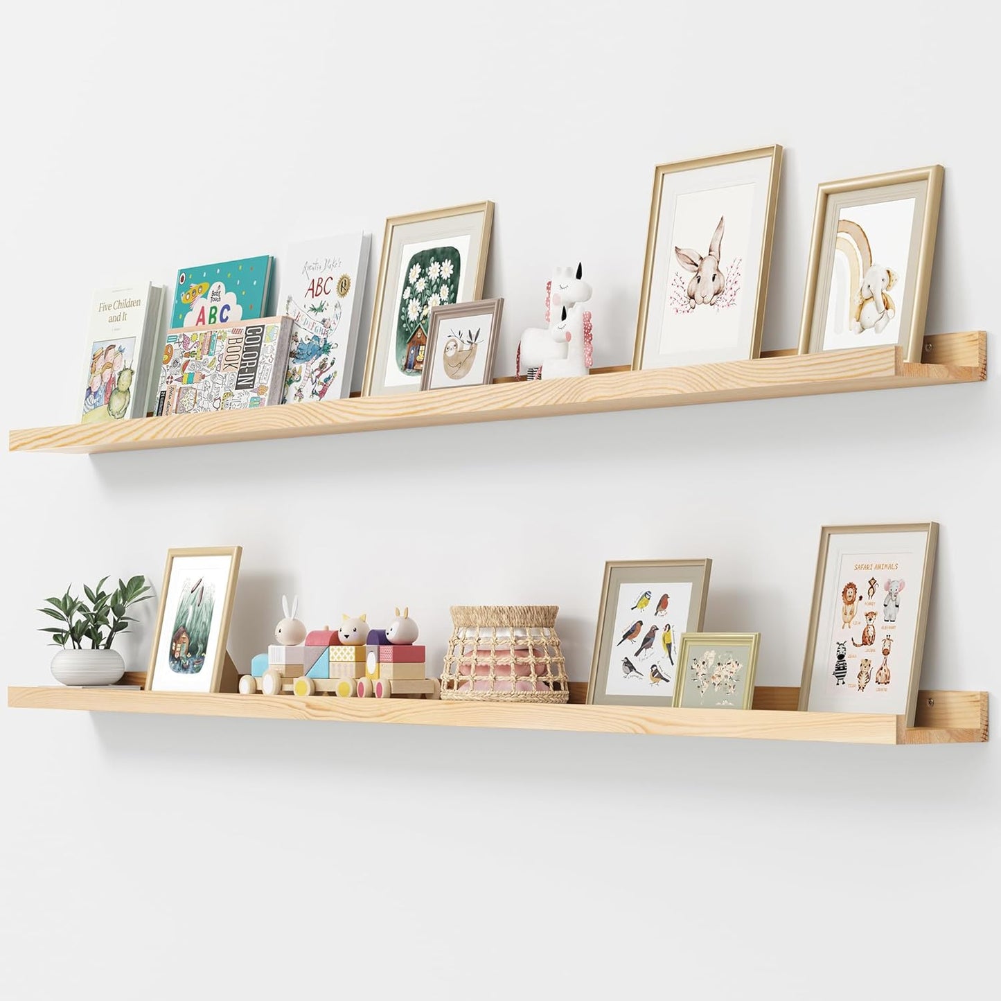 FLYJOE Picture Ledge Shelf, Floating Shelves Set of 2, Solid Pine Wood 55'' Long Large Nursery Book Shelves for Toys Storage, Kids Bookshelf for Living Room Bedroom Decor Books Photo Frames, Walnut