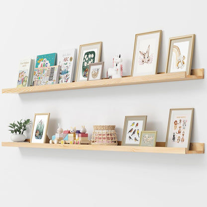 FLYJOE Picture Ledge Shelf, Floating Shelves Set of 2, Solid Pine Wood 55'' Long Large Nursery Book Shelves for Toys Storage, Kids Bookshelf for Living Room Bedroom Decor Books Photo Frames, Walnut
