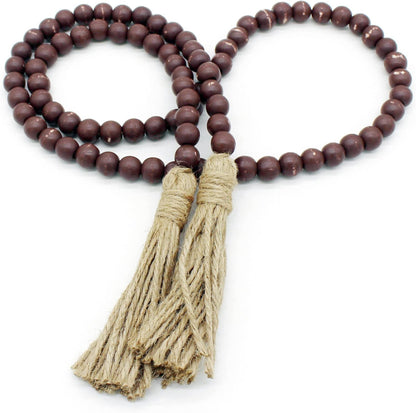 CVHOMEDECO. Wood Beads Garland with Tassels Farmhouse Rustic Wooden Prayer Bead String Wall Hanging Accent for Home Festival Decor. Mix Distressed