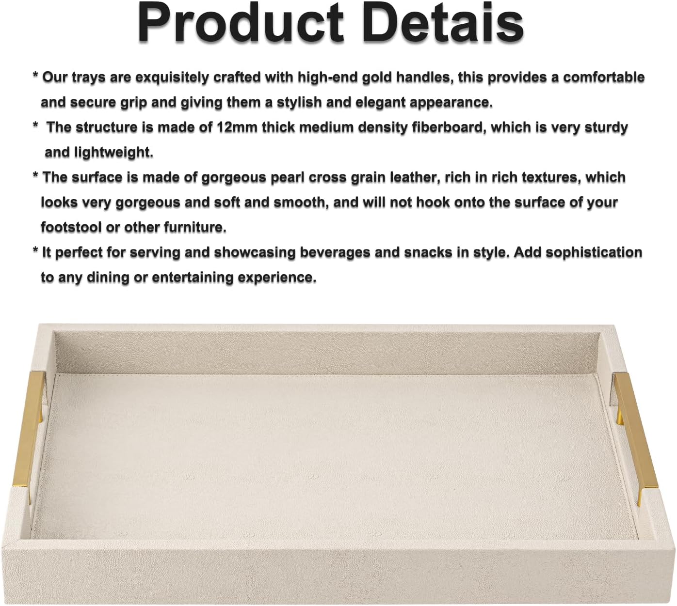 Beige Faux Leather Serving Tray with Handles – Large Decorative Tray for Coffee Table, Ottoman, Living Room, Bathroom – Home Decor