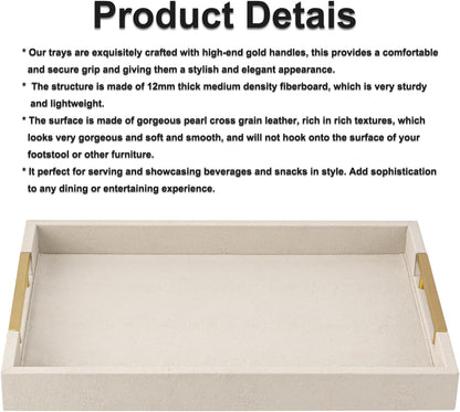 Beige Faux Leather Serving Tray with Handles – Large Decorative Tray for Coffee Table, Ottoman, Living Room, Bathroom – Home Decor