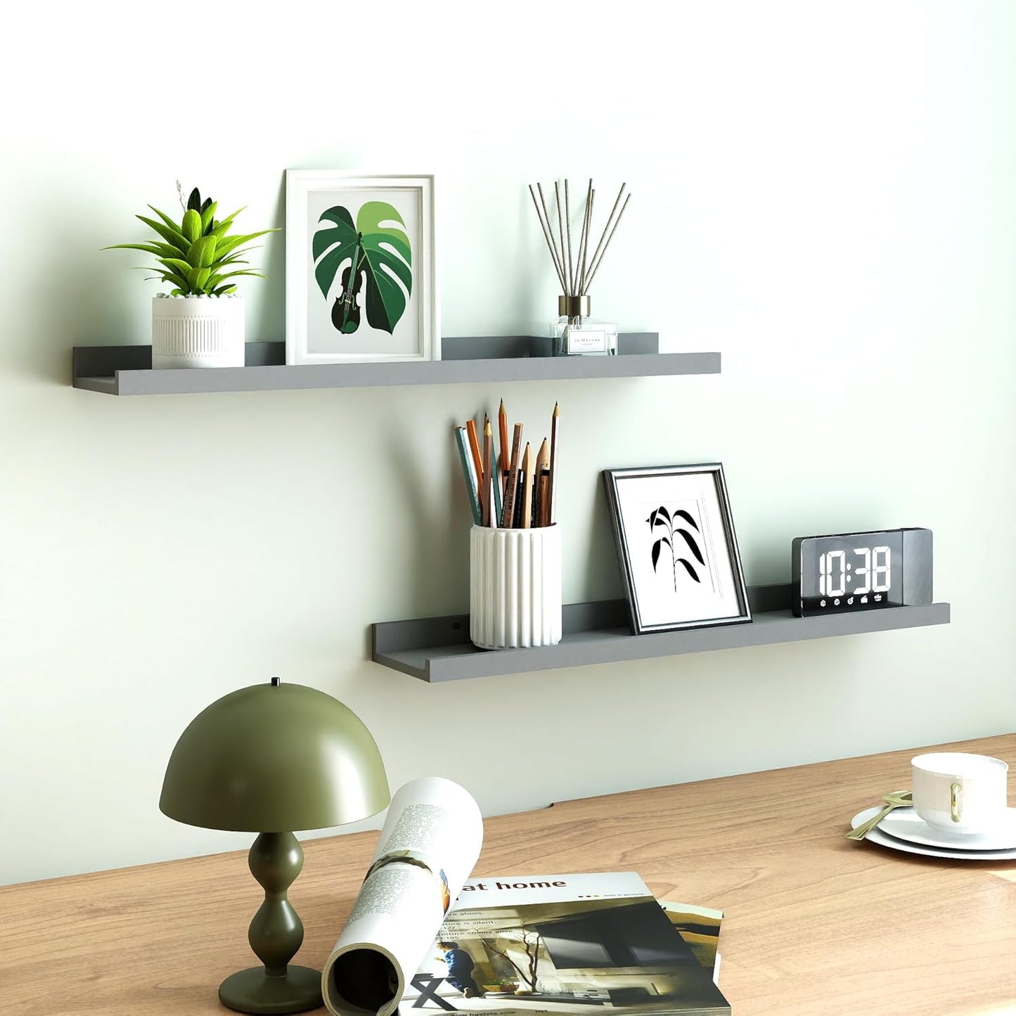 White Floating Shelves for Wall Decor, Wall Mounted Wood Storage Shelf for Bedroom, Living Room, Bathroom, Kitchen, Nursery, Display Picture Ledge Shelf with Lip Set of 2-14 Inches, White