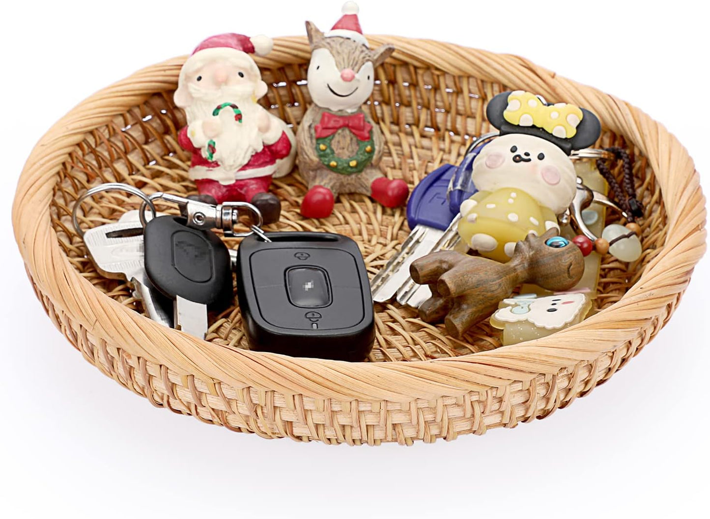 Hipiwe Small Key Basket Bowl for Entryway 7.6" Round Woven Wicker Basket Fruit Serving Tray Woven Basket Wall Decor Rattan Organizer Basket for Keys, Wallet,Whitewash