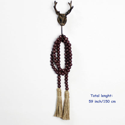 CVHOMEDECO. Wood Beads Garland with Tassels Farmhouse Rustic Wooden Prayer Bead String Wall Hanging Accent for Home Festival Decor. Mix Distressed