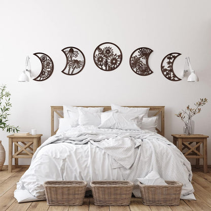 Jetec 5 Pcs Moon Phase Wall Art Decor Wall Pediments Hanging Wooden Phase Spiritual Bedroom Nordic Boho Lunar Aesthetic Art for Living Room Dorm Apartment Ornament(Brown,10.6 Inch,Botanical)