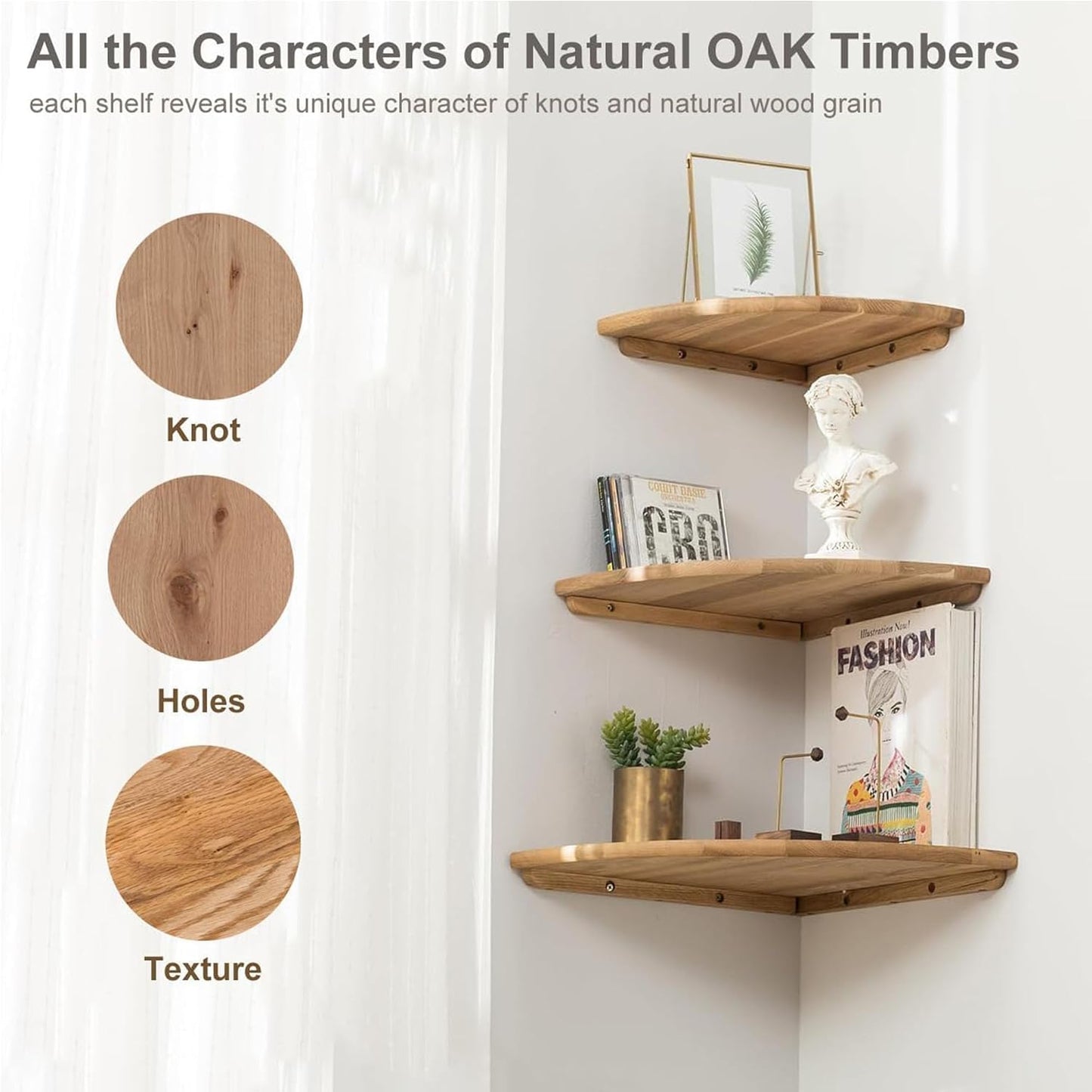 Corner Shelves, Floating Corner Shelf, Set of 2 7inch Solid Oak Wood Wall Shelves, Round End Wall Mount with Wire Hole Shelving for Small Plant for Bedroom Kitchen, Living Room