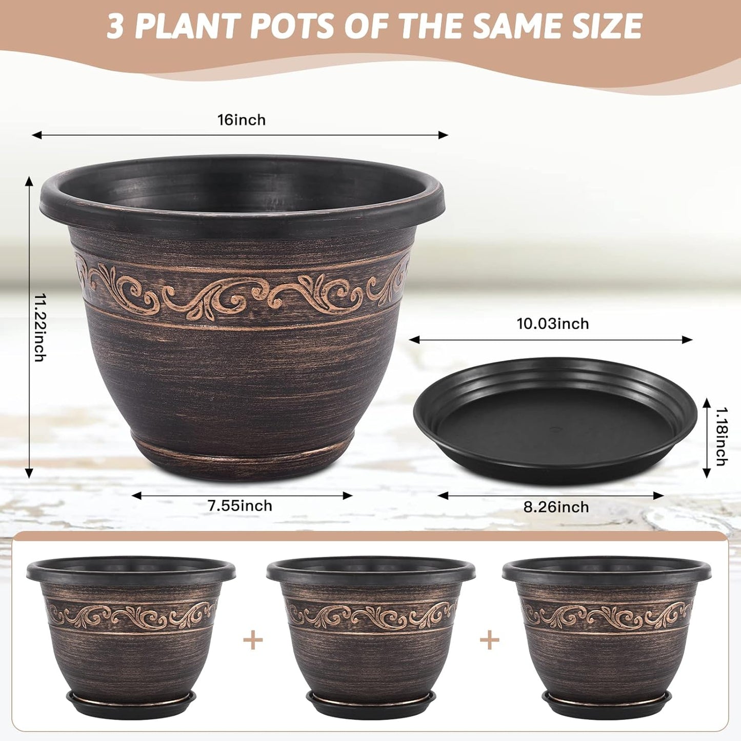 Plastic-Plant-Flower-Planters-8 Inch With Drainage Hole & Saucer, 6 Packs Lightweight Small Resin Flower Pot Indoor Outdoor, Retro Antique Imitation Decorative Garden Containers Sets For Houseplants