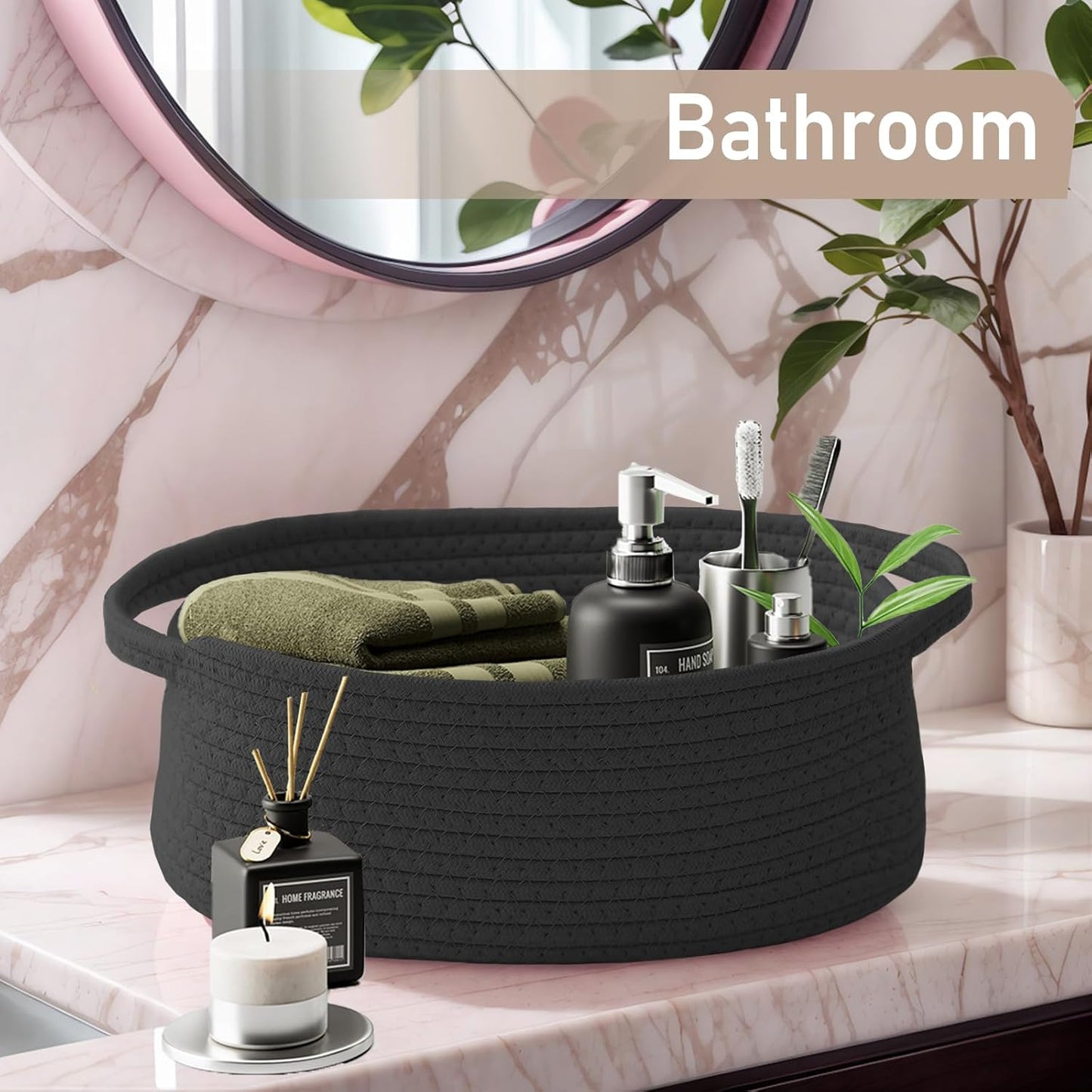 JMvicyroam Woven Basket,Small Rope Storage Bin with Handles & Ribbon Bag, Organizer for Shelves Closets,Gift Basket Empty for Birthday,Books,Dog Toys,White