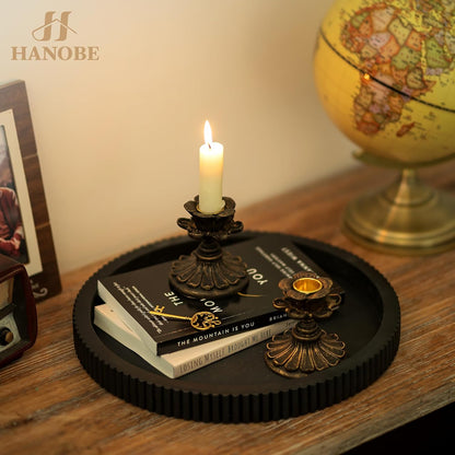 Hanobe Decorative Tray for Coffee Table: 12" Black Round Centerpiece Tray for Home Decor - Wood Modern Farmhouse Decor for Living Dining Room Kitchen Island Tabletop
