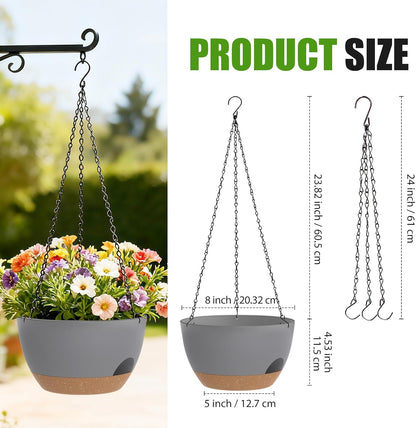 8 Inch Hanging Planters for Indoor Outdoor Plants, 4 Pack Black Plastic Self Watering Hanging Baskets with Drainage Holes and Chain for Garden Porch