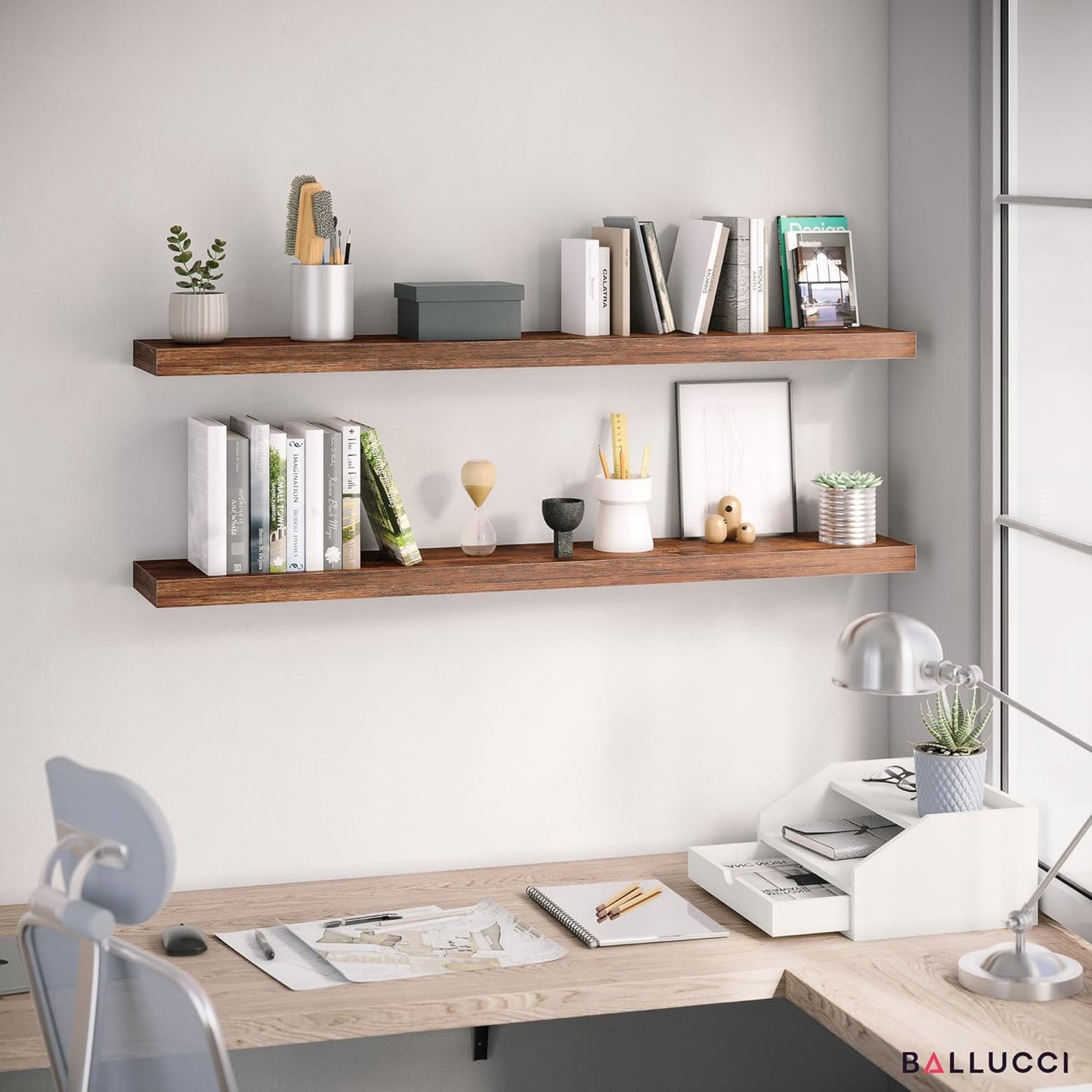 Ballucci Floating Shelves for Wall, 48" Wood Wall Shelf Set of 2, with Invisible Brackets for Bathroom, Living Room, Bedroom, Kitchen, Nursery, 8" Deep, Black
