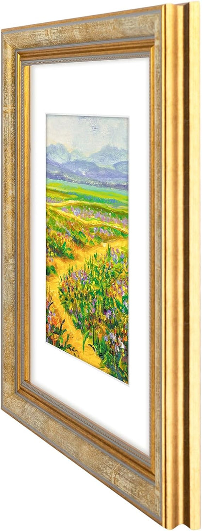 Golden State Art,11x14 Ornate Picture Frame for 8x10 Photo with Mat or 11 x 14 Prints without Mat,Real Glass Wall Display(Color:Green Gold)