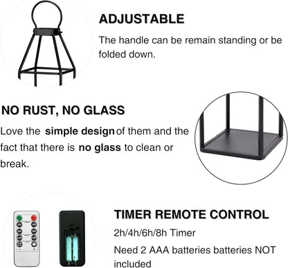 Perfnique Modern Farmhouse Lantern Decor, 15'' 13'' Set of 2 Black Metal Lantern, 2 LED 6hr Timer Flameless Candles ＆ Remote Timer, Lanterns Decorative for Outdoor, Home, Indoor, Patio, Christmas