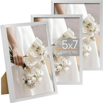 upsimples 5x7 Picture Frame Set of 3, Made of High Definition Glass for 5 x 7 Black Frames, Wall and Tabletop Display Thin Border Photo Frame for Home Décor