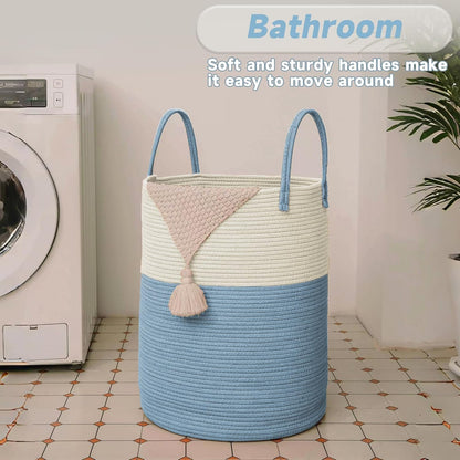 JMvicyroam Large Woven Laundry Basket Hamper,60L Cotton Rope Storage Bin for Blankets,Toys and Clothes,Decorative Tall Nursery Hamper for Living Room,Baby Nursery,Bathroom and Bedroom,Brown
