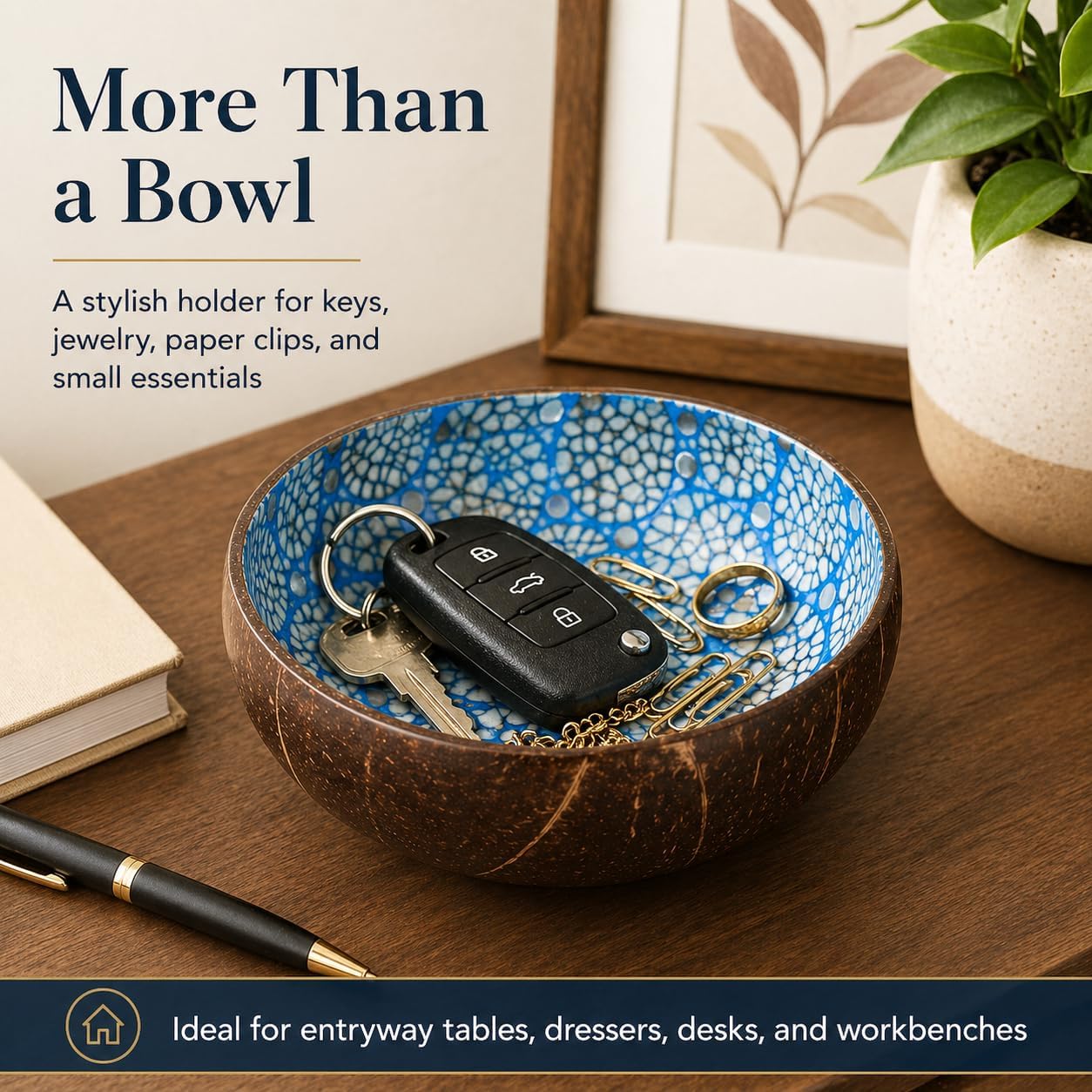 ChezMax Natural Coconut Bowl with Mother of Pearl Inlays - Key Bowl & Fruit Snack Holder (Blue-Gold)
