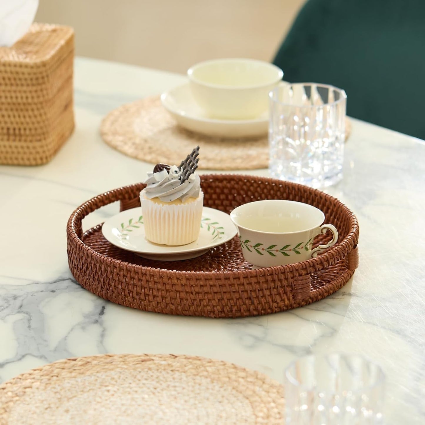 13.8 inch Round Rattan Tray, Decorative Coffee Table Tray, Ottoman Tray, Woven Serving Tray with Handles, Wicker Serving Basket, Whitewash