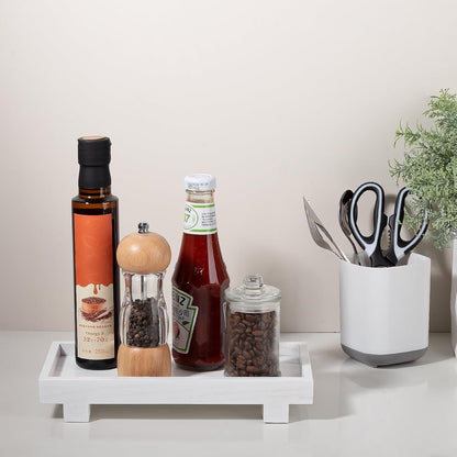 Decorative Tray Small Pedestal Stand Farmhouse Bathroom Decor Wooden Riser Display Stand for Vanity, Kitchen Countertop, Sink, 9.4 * 4.7 White