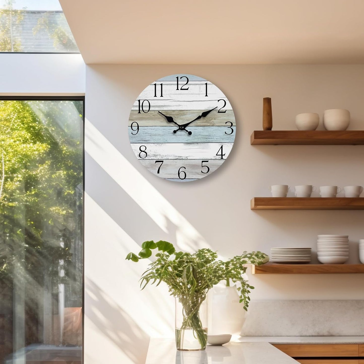 Wall Clock, Rustic Wall Clocks Battery Operated Silent Non Ticking, Country Round Wooden Clocks Farmhous Wall Decorative for Kitchen, Bathroom, Living Room (Gray 8 Inch)