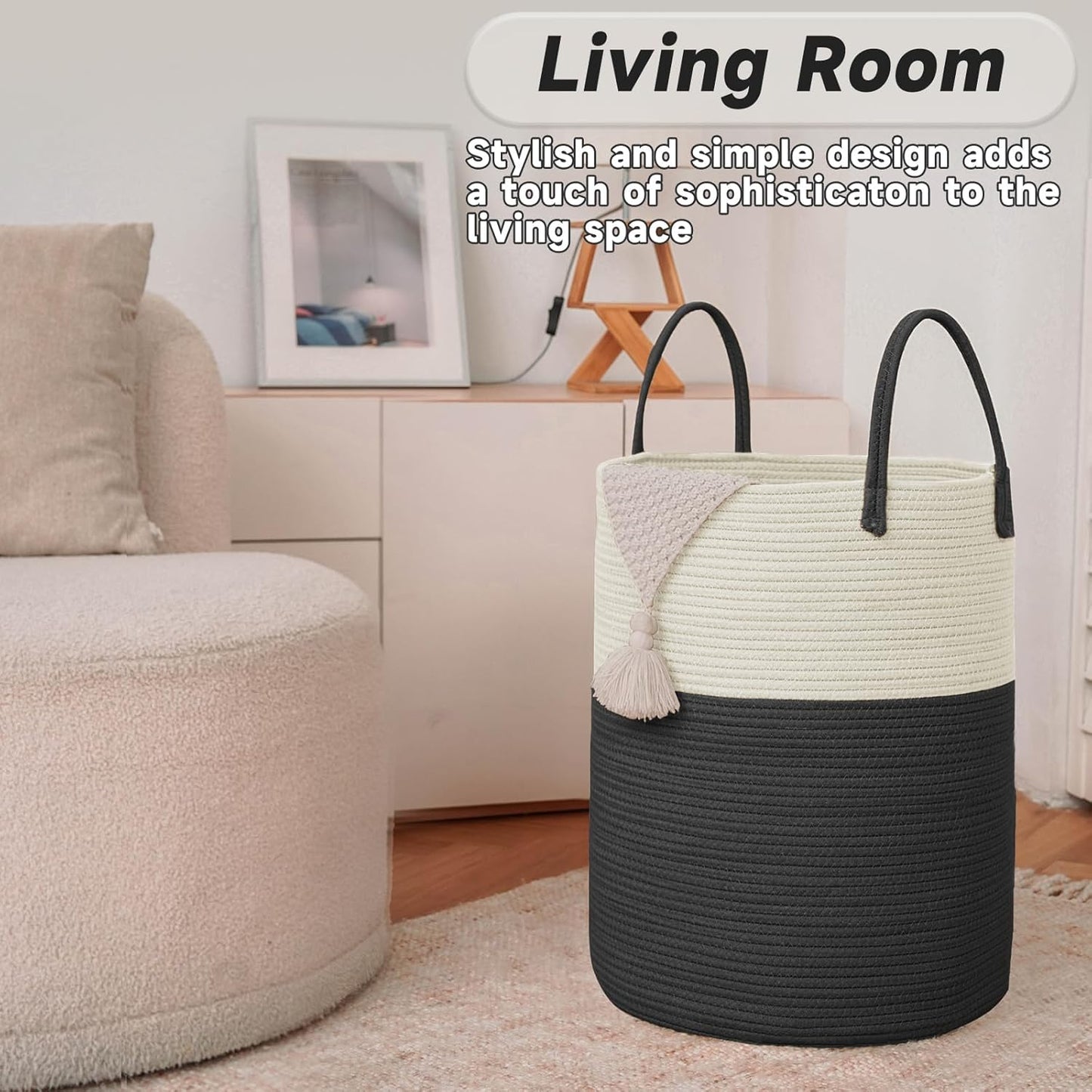 JMvicyroam Large Woven Laundry Basket Hamper,60L Cotton Rope Storage Bin for Blankets,Toys and Clothes,Decorative Tall Nursery Hamper for Living Room,Baby Nursery,Bathroom and Bedroom,Brown
