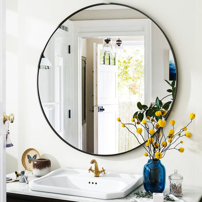 VooBang Large Black Round Bathroom Mirror, 48 inch Circle Wall Mounted Hanging Mirror with Simple Modern Circular Metal Frame for Hallway, Entryway, Living Room, Black Frame