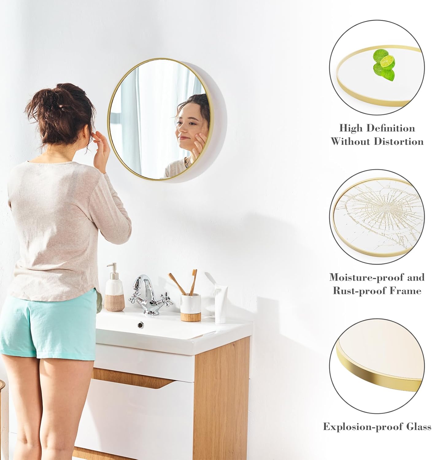 NEWBULIG 20IN Round Bathroom Wall Mirror, Modern Vanity Mirrors for Over Sink, HD Glass Decorative for Entryway, Bedroom & Living Room, Gold