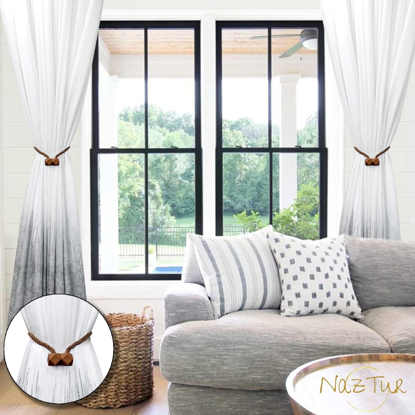 NazTur Magnetic Curtain Tiebacks- Upgrade 2022 with a Thicker Twist Rope & Strong Magnet Tieback Window Treatment Holdbacks Draperies Holders Decorative Drape Handmade Tie Back (Black, 2)